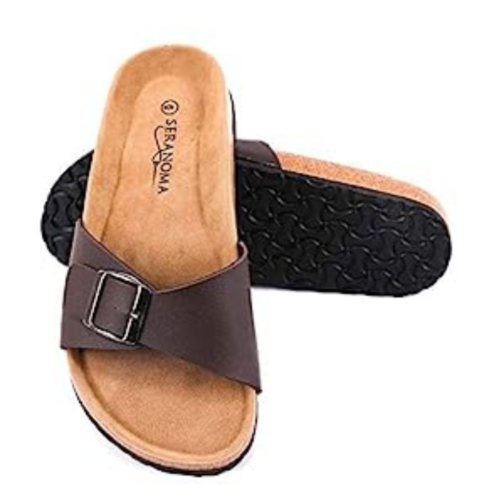 Seranoma Women's Open Toe Adjustable Buckle | Slip On Slide | Flat Footed Cork